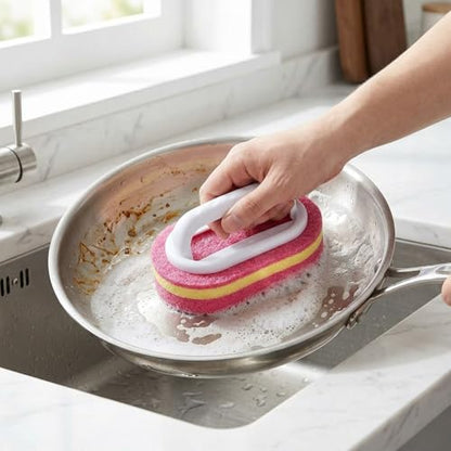 Multifunctional Cleaning Brush with Handle, Thick Sponge Scrubber for Kitchen, Bathroom, Bathtub, Sink & Floor, 1 Pack (Pink) - color: Pink