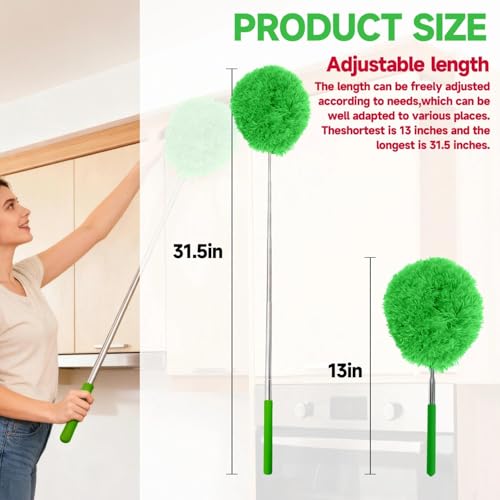 Extendable Microfiber Duster, Telescoping Dusting Brush for Home and Car Cleaning, Adjustable Length, Soft and Flexible - color: Round Green