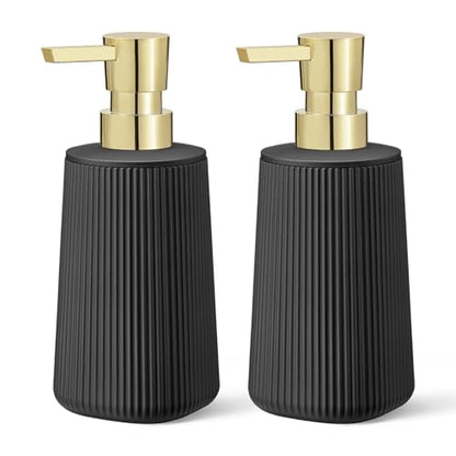 Black and Gold 2 Pack Hand Soap Dispensers Set with No Rust Pump for Bathroom and Kitchen Countertops Refillable Matte Striped Plastic 8.5 oz - color: Black and Gold Set of 2