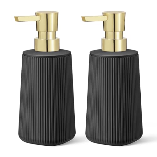 Black and Gold 2 Pack Hand Soap Dispensers Set with No Rust Pump for Bathroom and Kitchen Countertops Refillable Matte Striped Plastic 8.5 oz - color: Black and Gold Set of 2