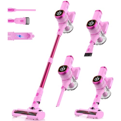 Tikom V500 Cordless Vacuum Cleaner for Home, 40000Pa/450W Stick Vacuum with LED Touch Screen, Charging Wall Dock, Anti-Tangle, Lightweight Handheld Vacuum for Pet Hair, Hard Floor, Carpet - color: Pink&red