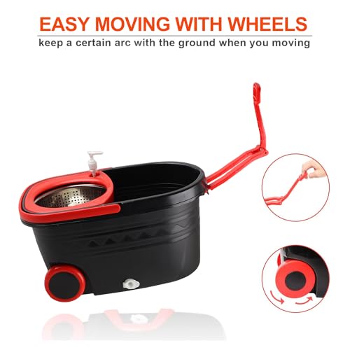 Mop and Bucket with Wringer Set, 360° Rotating Mop Bucket System with 3 Microfiber Mop, Stainless Steel Floor Cleaning System with Dual Mode, Black&red