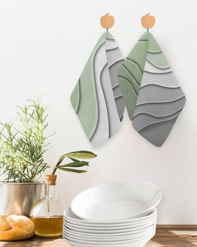 Modern Abstract Dish Towels Set,Waffle Weave Kitchen Towels 2 Pieces,Microfiber Hair Face Bath Tea Towel Absorbent Quick Drying Cleaning Dish Cloths,Ombre Sage Green Geometric Line 12""x12"" - color: Sage Green, size: 2PCS,12"x12"