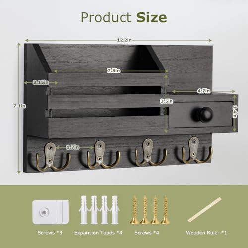 Key Holder Wall Mount, Wooden Adhesive Mail and Key Organizer with Drawer, Small Shelf, 8 Hooks, 2 Installation Methods, Black - color: Black