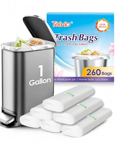 Teivio 1 Gallon 260 Counts Strong Clear Trash Bags Garbage Bags,Mini Waste Basket Liners,Tiny Bathroom Trash Can Bin Liners,Small Plastic Bags for Home Office Kitchen Car Bedroom Dog waste Baby Diaper
