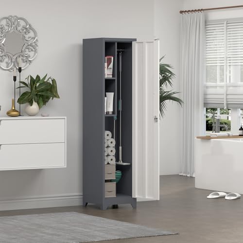 Metal Broom Storage Cabinets, Narrow Cabinet with Hooks, 65" Slim Bathroom Storage Cabinet with Shelves, Heavy-Duty Cleaning Cabinets for Utility Room, Gym, Office, Garage - color: 65"h-slim Cabinet / White+grey