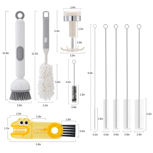 Peitushengjin Bottle Brush Cleaning Set, 12.2-inch Long-Handled Bottle Brush, Nylon Straw Brush, Cup Lid Cleaning Brush (Includes 1 Suction Cup Hook for Storing the Brushes) - color: 1 Black Brush, 1 Yellow Brush, 7 White Brushes 1 White Suction Cup Hook