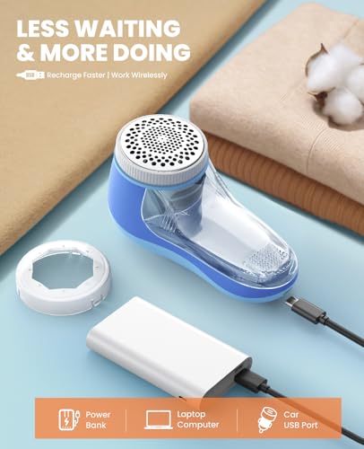 POPCHOSE Fabric Shaver, Lint Remover for Clothes, Electric Lint Shaver with 6-Leaf Blades, Sweater Shavers to Remove Pilling for Clothing, Couch, Furniture, Fuzz, Lint Ball, Bobbles, Blue-Cyan - color: Blue Cyan