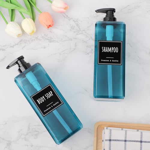 Segbeauty 33.8oz Blue Large Soap Dispenser Bathroom Kitchen, 2pcs Refillable Plastic Pump Bottle for Shampoo and Conditioner, 1000ml Empty Lotion Soap Dispenser with Pump, Large Liquid Container Set - color: Blue, style: 2pcs