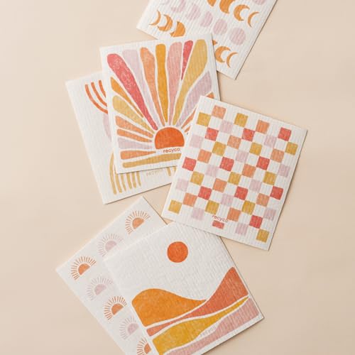 RECYCO Swedish Dishcloths for Kitchen | 6 Pack Desert Sunset Washable Dish Rags | Cellulose Reusable Cleaning Paper Towels | Absorbent Counter Dish Cloth Sponge Kitchen Wipes, 8" L x 7" W - color: Desert Sunset - 6 Pack