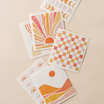 RECYCO Swedish Dishcloths for Kitchen | 6 Pack Desert Sunset Washable Dish Rags | Cellulose Reusable Cleaning Paper Towels | Absorbent Counter Dish Cloth Sponge Kitchen Wipes, 8" L x 7" W - color: Desert Sunset - 6 Pack