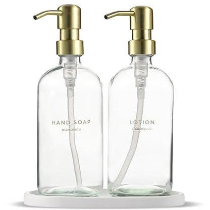 MaisoNovo Bathroom Soap Dispenser Set- Soap and Lotion Dispenser Set with Clear Soap Dispenser, Gold Pumps & Concrete Tray - color: Clear Bottles/ Golden Pumps/ White Concrete Tray