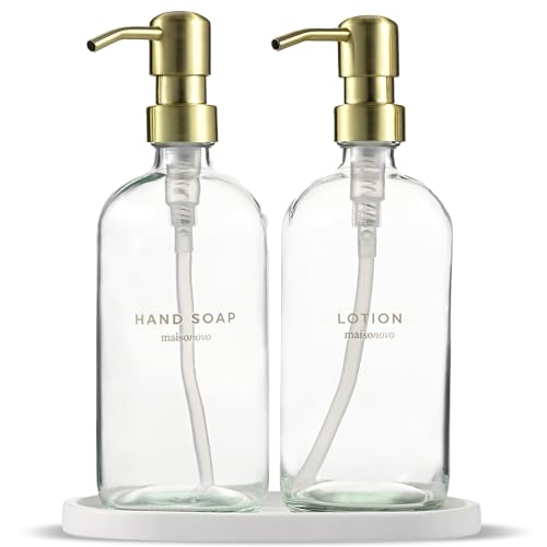 MaisoNovo Bathroom Soap Dispenser Set- Soap and Lotion Dispenser Set with Clear Soap Dispenser, Gold Pumps & Concrete Tray - color: Clear Bottles/ Golden Pumps/ White Concrete Tray