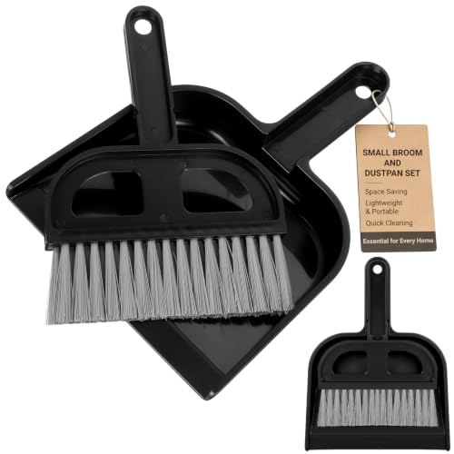 Ipetboom 2 Sets Mini Dustpan and Brush - Hand Held Broom and Dust Pan Combo Compact Nesting Design for Home Cleaning Desks Keyboard Drawers Pet Rooms Desktop Sofa Vehicle - Black 8.45x6.29x0.79in