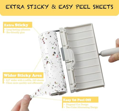 Large Surface Lint Roller with Extendable Long Handle Dust-Proof Cover 6.3'' Wider 240 Sheets, Long Handle Sticky Mop for Cleaning Furniture Carpet Floor Curtains and Pet Hair - size: 1 Roller + 0 Refills