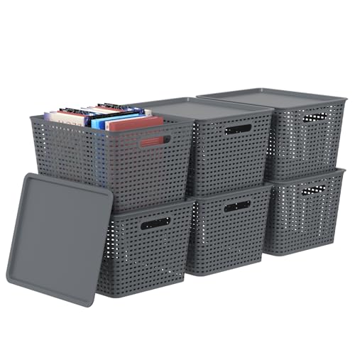 6-Pack Large Plastic Storage Baskets with Lid, Gray | Lidded Storage Organizer Bins, stackable to save space, great for bedroom, bathroom, office and kitchen organization - color: Gray