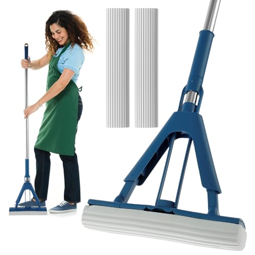 Sponge Mop Absorbent Roller Foam Mop with 50.39inch Extendable Handle and 2 Sponge Heads Self Wringing Mop Adjustable Cleaning Wet Mop for Hardwood Tile Kitchen Bathroom