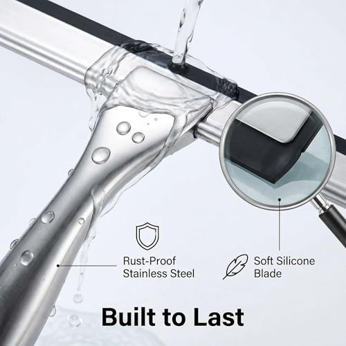 Stainless Steel Shower Squeegee 10 Inch with 2 Adhesive Hooks, Streak-Free Cleaner for Glass Shower Doors, Windows, Mirrors & Tiles