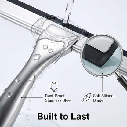 Stainless Steel Shower Squeegee 10 Inch with 2 Adhesive Hooks, Streak-Free Cleaner for Glass Shower Doors, Windows, Mirrors & Tiles