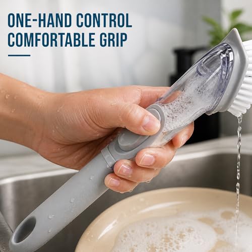 Soap Dispensing Dish Brush, Kitchen Scrub Brush with Built-in Soap Dispenser for Pots, Pans, Sink, Dishes & Everyday Cleaning