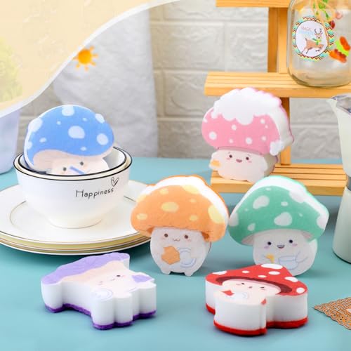 6 Pieces Mushroom Kitchen Sponges Mushroom Sponges Fun Non-Scratch Scrub for Washing Dishes Pots Pans and Household Cleaning Supplies for Kitchen Dishes Furniture Gifts - color: Mushroom