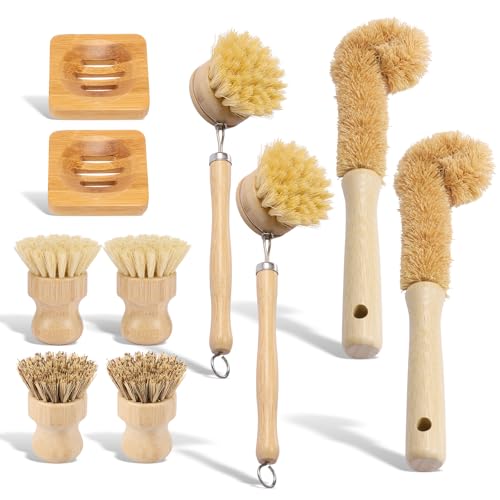 10 Pcs Bamboo Dish Brush Set, Wooden Dish Brush with Long Handle Cup Brush, Short Handle Sisal & Coarse Brushes, Square Rack Tray, Natural Bamboo Bottle Brush for Pots, Pans,Vegetables - color: Log Color 10pcs