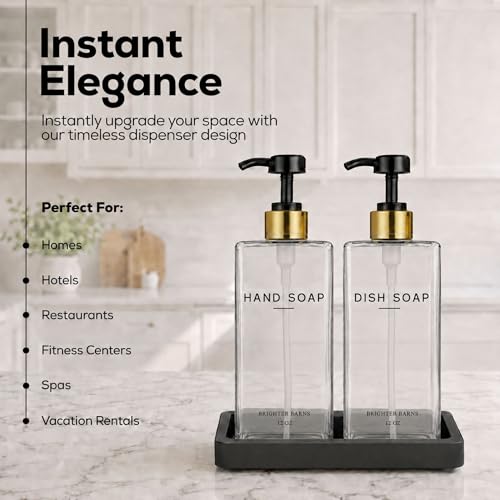 Glass Hand and Dish Soap Dispenser Set by Brighter Barns - Kitchen Soap Dispenser Set with Tray & Pump - Refillable Glass Bottles for Sink - Neutral Kitchen Accessories for Airbnb, Restaurants (Clear) - color: Clear