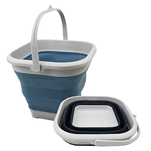 SAMMART 5.5L Set of 2 Collapsible Square Handy Bucket/Foldable SquareWater Pail/Portable Tub with Handle. (Slate Grey + Steel Blue) - color: Slate Grey + Steel Blue