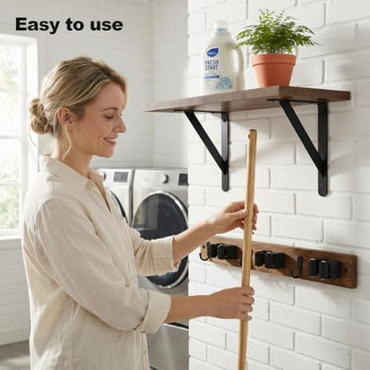 Wooden Broom Holder Wall Mount with Hooks and Shelf Mop Hangers Storage Rack with Cleaning Supplies Organizer Farmhouse Garage Laundry Room Wood Shelf (Brown, 1)