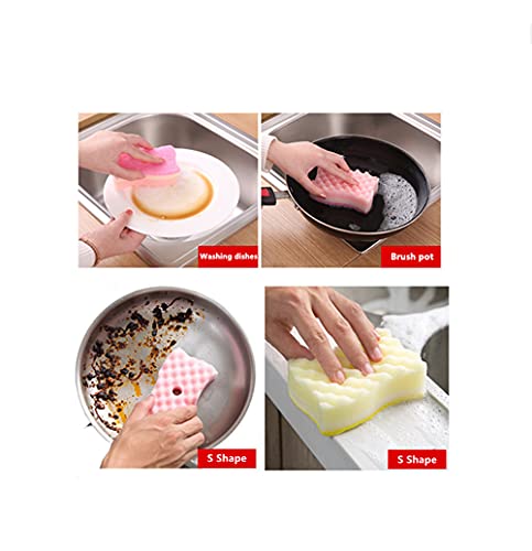 Yellow Pink Colors Multi-Functional Sponges Non-Scratch Scrub Sponges Household Kitchen Cleaning Sponges Durable Scouring Pads,Pack of 4