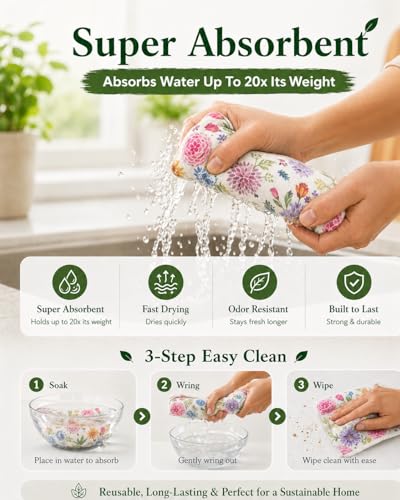 10 PCS Flower Print Swedish Dishcloths for Kitchen 100% Biodegradable, Reusable Cellulose Sponge Cloths Ultra Absorbent, Eco Friendly Cleaning Towels Dishcloths for Washing Dishes & General Cleaning - color: 10 Pcs-flowers Print