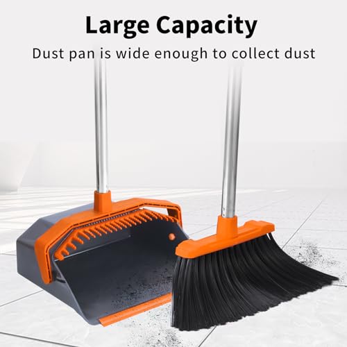 Tiumso Broom and Dustpan Set with 51'' Long Handle, Upright Broom and Dustpan Combo for Home Kitchen Office Restaurant Garage Lobby Dog Cat Pets Hair - Grey and Orange - color: Orange and Grey