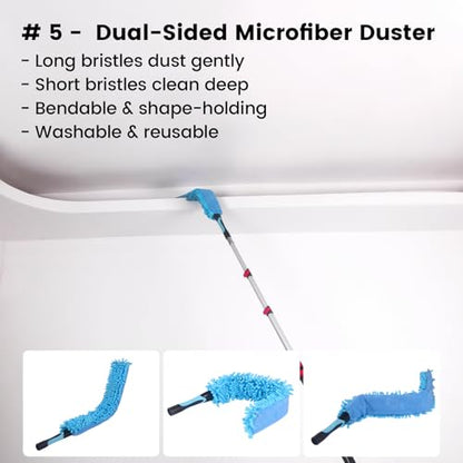 20FT High Reach Cleaning Kit - Includes 12FT Telescoping Extension Pole Bendable Chenille Duster & Microfiber Duster Cobweb Duster Glass Scrubber & Squeegee Swivel Head - for Ceiling Fans Windows - size: 12ft+5PC-kit1