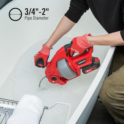 POPULO 20V Cordless Electric Drain Auger-Efficient 25Ft Auto-Feed Drain Snake with Replaceable Cable,2.0Ah Battery,Charger,Storage Bag & Gloves for Kitchen,Bathroom,Shower Pipes (3/4"-2")" - style: 25ft Standard - Red