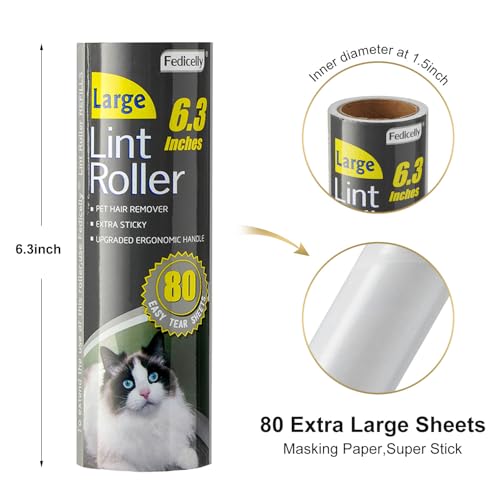 Fedicelly Lint Rollers Pet Hair Extra Sticky Floor with Long Handle,Large Cat Dog Hair Remover Laundry Clothes Carpet Furniture,6.3 inches Wider with 320 Sheets Giant Lint Remover Brush for Couch - size: 1 Roller (Extendable Handle) + 320 Sheets