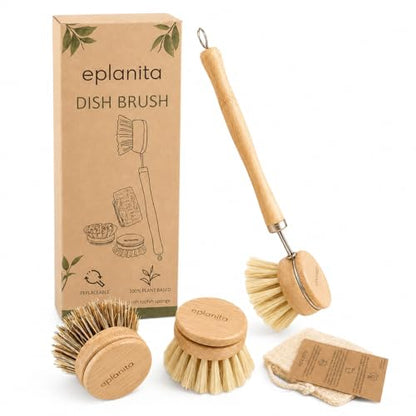 eplanita Natural Dish Brush, 3 Replacement Heads, Kitchen Eco Bamboo Scrubber Brushes, Extra Plant Sponge, Plastic Free Washing Up, Zero Waste Cleaning