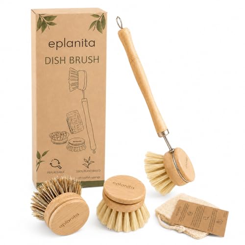 eplanita Natural Dish Brush, 3 Replacement Heads, Kitchen Eco Bamboo Scrubber Brushes, Extra Plant Sponge, Plastic Free Washing Up, Zero Waste Cleaning