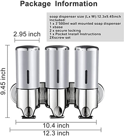 3 in 1 Chamber Wall Mounted BathroomShower Pump Dispenser,Dispensers for The Shower,Shampoo and Conditioner Dispenser,Shower Dispenser 3 Chamber no Drill - color: 17.6 Oz Triple Silvery