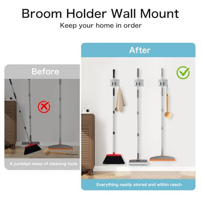 nacena 4 Pack No Drill Self Adhesive Broom Mop Holder Wall Mount with Hooks, Heavy Duty Stainless Steel Organizer for Kitchen Bathroom Garage Storage,Silver - color: Brushed Nickel-4 Packs