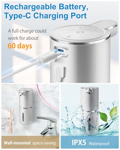 Automatic Foaming Soap Dispenser,4-Level Adjustable Foam, Wall Mount, USB Rechargeable,12.8oz/ 380ml,Touchless Hand & Dish Soap Dispenser for Bathroom, Kitchen,Hotel, Restaurant - color: Silvery, style: Foam