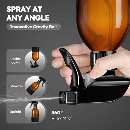 Tecohouse 2 Pack 360° Amber Glass Spray Bottles with Silicone Sleeve, 8 oz Empty Refillable Containers with Adjustable Spray Nozzles, Dark Spray Bottles for Cleaning Solutions, Plants (Black & Brown) - color: Amber, size: 8OZ