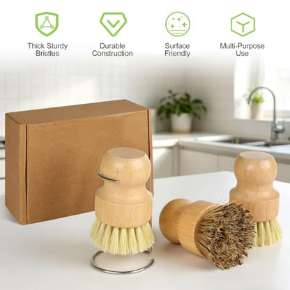 4 Pack Bamboo Dish Brush Set with Holder, 2 Sisal Dish Brushes & 1 Palm Scrub Brush, Natural Kitchen Scrub Brush for Dishes, Pots, Pans, Sink