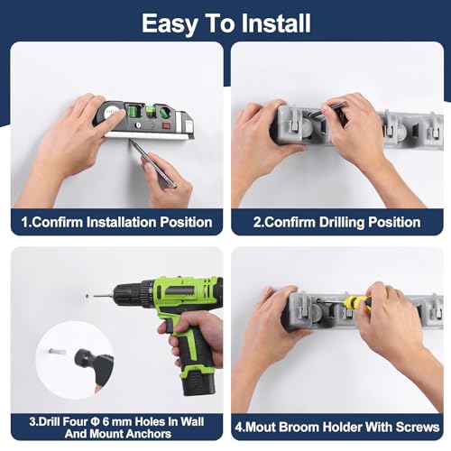 Mop And Broom Holder Wall Mount Cleaning Supplies Organizer For Closet | Laundry Room Garden Tool Hangers For Garage Wall Hanging Rack Utility Shop Organization And Storage