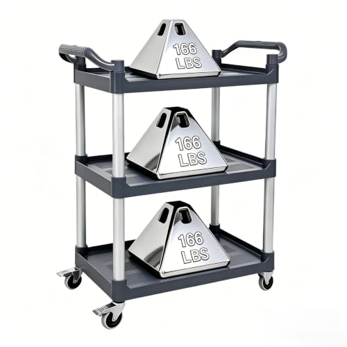 3 Tier Utility Cart with Handle 500 lbs Load Capacity Heavy Duty Serving Cart with Wheels for Kitchen Warehouse Garage Restaurant, Plastic Rolling Trolley Utility Shelf for Storage, Gray