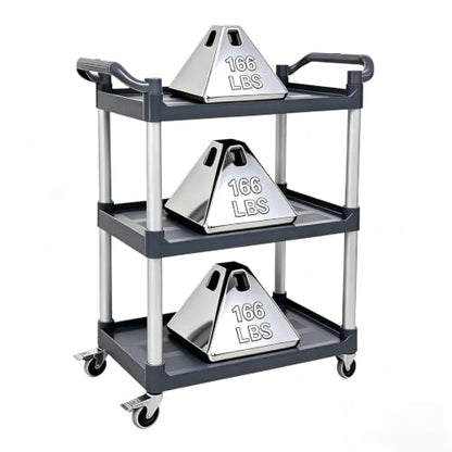 3 Tier Utility Cart with Handle 500 lbs Load Capacity Heavy Duty Serving Cart with Wheels for Kitchen Warehouse Garage Restaurant, Plastic Rolling Trolley Utility Shelf for Storage, Gray