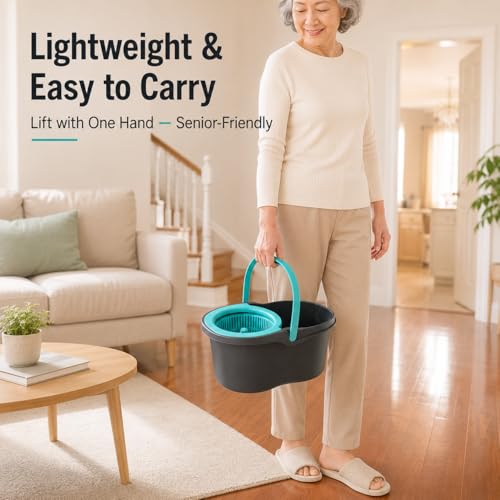 Lambert Home Mop and Bucket Set - Spin Mop with Wringer, Hands-Free Self-Wringing Microfiber Floor Mop, 2 Washable Mop Heads, 42-50 inch Stainless Steel Handle, for Hardwood Tile Laminate, Gray-Blue