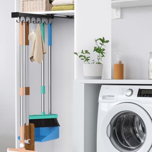 Pull Out Broom Holder With Adjustable Double Row Sliding Hook, Multifunctional Slide Broom And Mop Storage/Organizer Garage Organization Hooks, for Closet Laundry Garage - 36cm/14.17in - color: Black, size: 14.17 inches