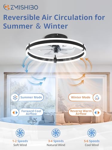 ZMISHIBO Ceiling Fans with Lights and Remote, 19.7'' Low Profile Ceiling Fan, 3000-6000K Dimmable Modern Flush Mount LED Fan Light, 6 Wind Speeds, Black Fandelier Ceiling Fans for Bedroom - color: Black, size: 19.7 INCH