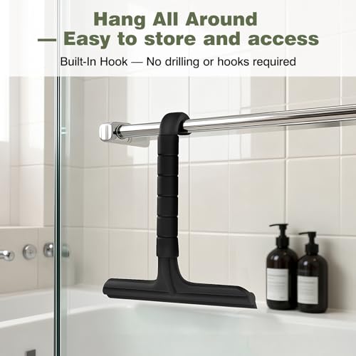 Roylvan Silicone Shower Squeegee, All-in-One Shower Squeegee for Glass Doors with Built-in Hook, Household Window Mirror Cleaner for Bathroom Glass Kitchen Tile Wall Car, Black