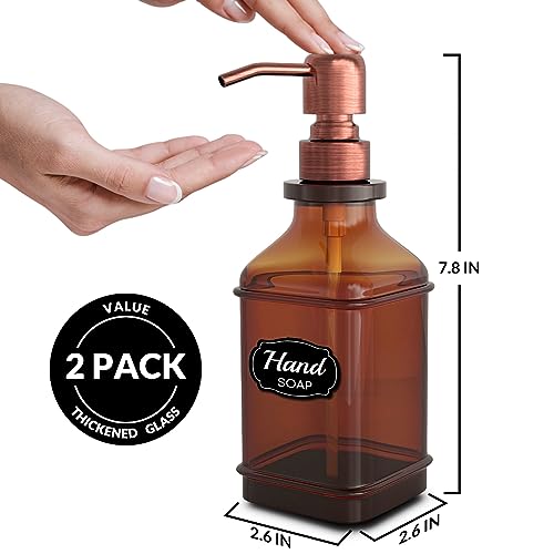 LMQML Soap Dispenser - 2 Pack, Antique Design Thick Amber Glass Hand Soap Dispensers with Sturdy Tray; 304 Rust Proof Stainless Steel Black Pump, 12Pcs Stickers, for Kitchen, Bathroom -Brushed Copper - color: Brushed Copper